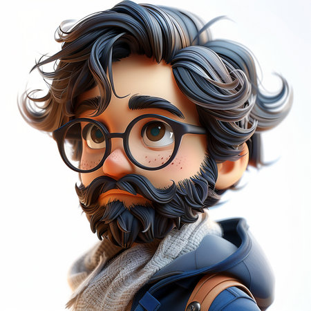 Close-up 3D render of a stylized cartoon character with thick, wavy dark hair, round glasses, a full beard, and a knitted scarf. Detailed illustration.の素材