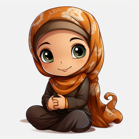 Cute muslim girl sitting and showing thumb up. Vector illustration.の素材