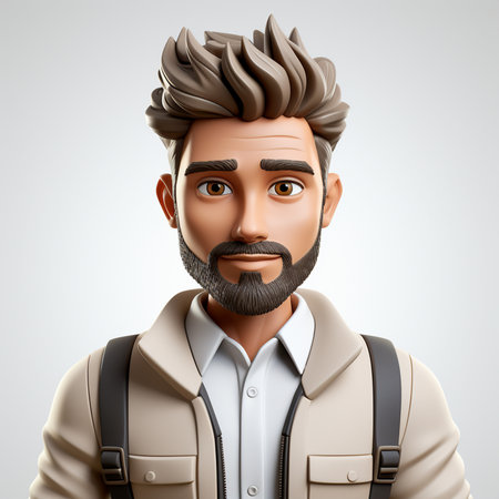 A digital illustration of a stylized 3D man with a beard, brown eyes, and a modern hairstyle, wearing a white shirt and a beige jacket with straps.の素材