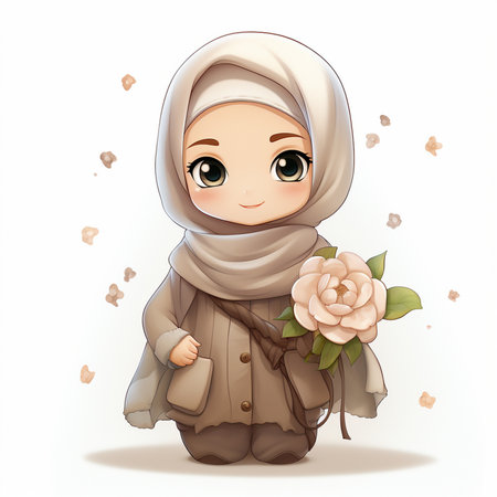 Cute little muslim girl in hijab with rose flower. Vector illustration.の素材