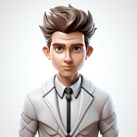 A 3D rendered illustration of a stylized man with brown hair wearing a sharp white suit and tie, against a clean white background.の素材