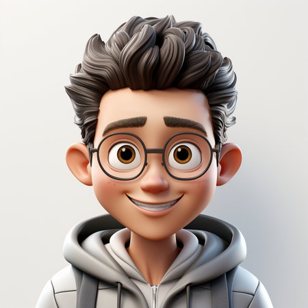 A cheerful 3D animated boy with round glasses, messy brown hair, and freckles, wearing a gray hoodie. Studio portrait.の素材