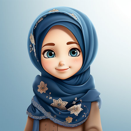 Cute muslim girl in a blue hijab. 3d renderingの素材