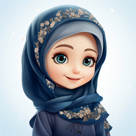 Cute cartoon muslim girl with blue hijab. Vector illustration.の素材