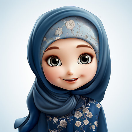 3d rendering of a cute muslim girl with a blue hijabの素材