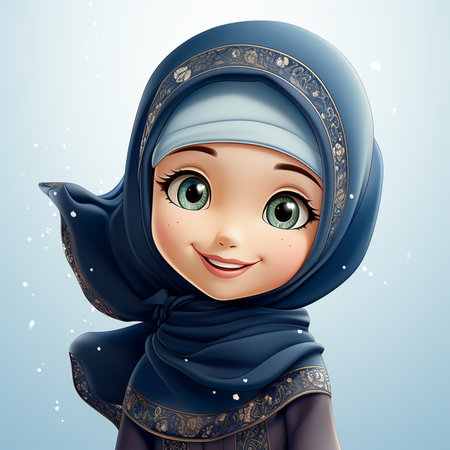 Muslim girl in blue hijab with a smile on her face. Vector illustration.の素材