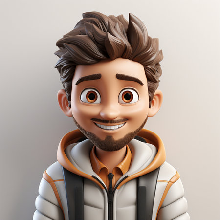 A 3D rendered illustration of a friendly cartoon man with brown hair, a beard, and a white and orange hoodie.の素材