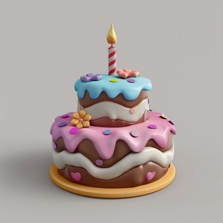 A delightful two-tiered cartoon birthday cake adorned with colorful frosting, flowers, and sprinkles, topped with a lit candle.の素材