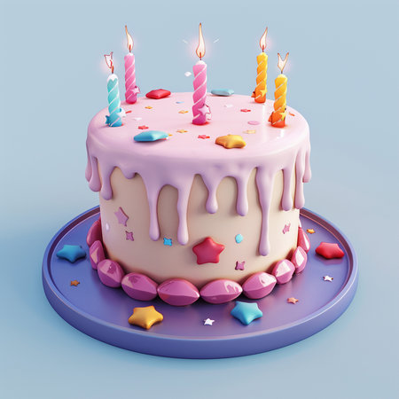 A delightful, cartoon-style birthday cake with pastel icing, dripping frosting, and whimsical decorations like stars and candies.の素材