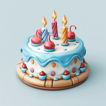 A delightful cartoon-style birthday cake with vibrant candles and playful frosting, perfect for sweet celebrations.の素材
