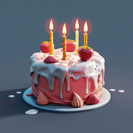 A delightful pink birthday cake topped with fresh strawberries, lit candles, and a cascade of white frosting drips, set against a neutral background.の素材