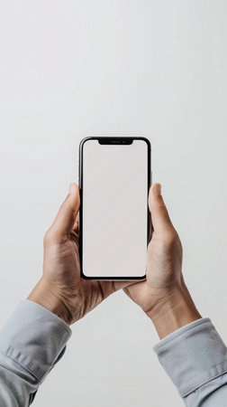 A person holding a smartphone with an empty screen, perfect for mockups and app presentations. Isolated on a clean white backdrop.の素材