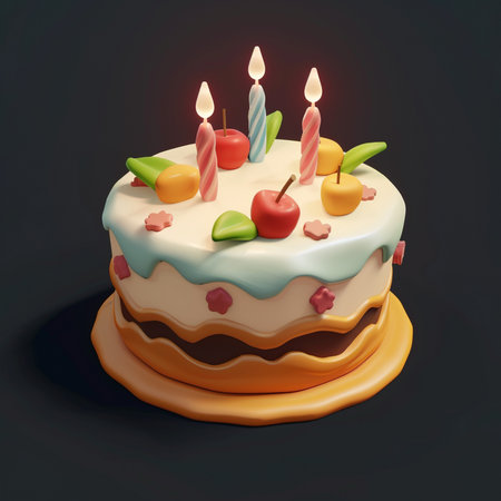 A charming 3D illustration of a cartoon birthday cake, adorned with lit candles, red apples, and small flower decorations, presented on a golden stand.の素材