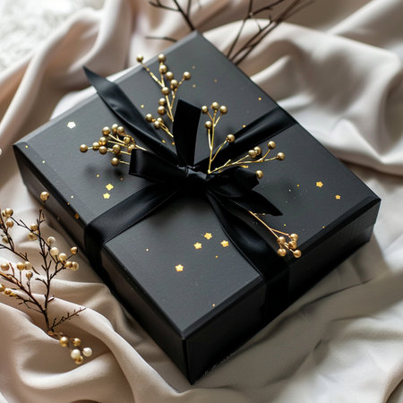 A sophisticated black gift box adorned with shimmering gold stars and a classic black ribbon, accented by delicate golden branches.の素材