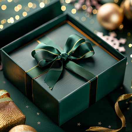 A luxurious dark green gift box with a satin ribbon and gold trim, set against a bokeh background with holiday lights.の素材