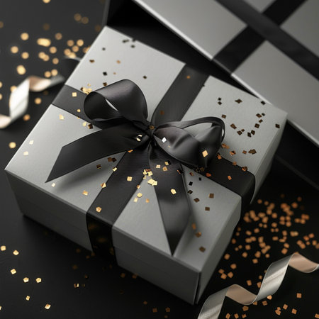 A luxurious gray gift box adorned with a black satin ribbon and scattered gold confetti on a dark background, perfect for celebrations.の素材