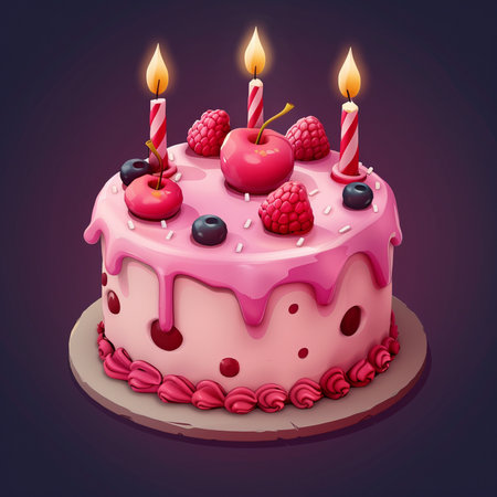 A festive pink birthday cake adorned with raspberries, blueberries, and a cherry, topped with three lit candles on a decorative stand.の素材