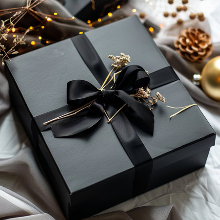 A beautifully wrapped black gift box with a black satin bow, adorned with delicate dried flowers. Perfect for gifting.の素材