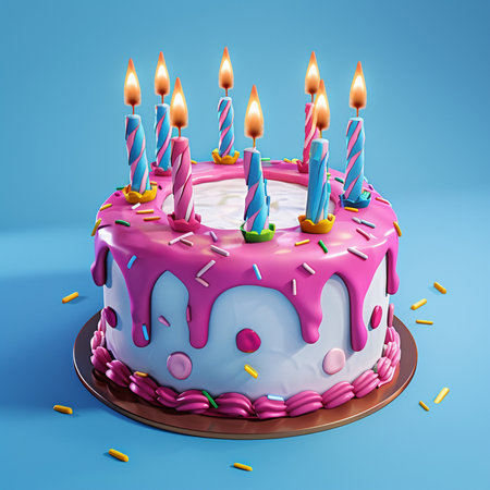 A delightful birthday cake adorned with lit, colorful candles and topped with vibrant pink frosting. Sprinkles add a festive touch, perfect for celebrations.の素材