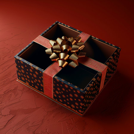 An empty open gift box featuring a dark blue exterior with a golden snowflake pattern, adorned with a vibrant red ribbon and a luxurious gold bow.の素材