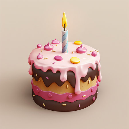 A vibrant 3D illustration of a festive birthday cake featuring layers of chocolate, caramel, and pink frosting, adorned with a lit candle and colorful sprinkles.の素材