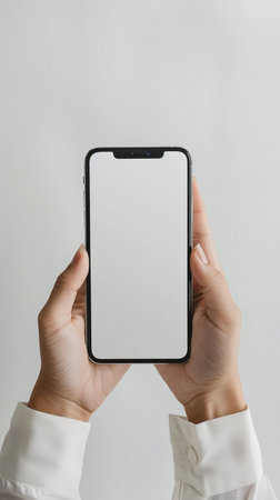 A clean, close-up shot of two hands holding a contemporary smartphone. The screen is blank, ready for content.の素材