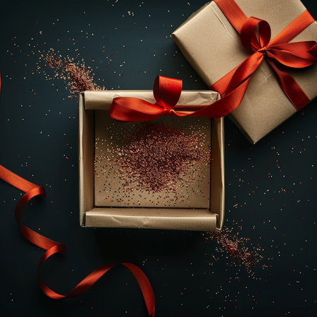 A beautifully wrapped gift box spills vibrant red glitter and elegant ribbons, set against a dark, celebratory background.の素材