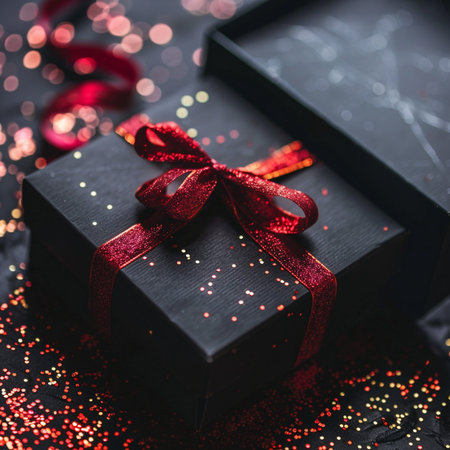 A luxurious black gift box adorned with a sparkling red ribbon and surrounded by vibrant red and gold confetti, creating a celebratory atmosphere.の素材