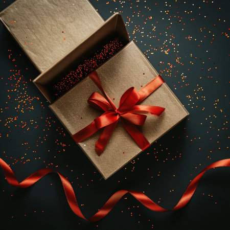 A sparkling golden gift box, tied with a vibrant red ribbon, opens to reveal a dark interior sprinkled with confetti. Festive, celebratory, surprise.の素材
