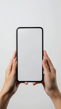 Close-up of two hands holding a modern smartphone with a blank white screen, isolated against a clean white backdrop.の素材