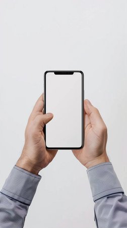 A person holds a smartphone, displaying a clean white screen, perfect for mockups and design presentations.の素材