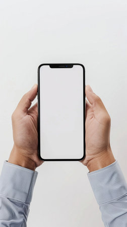 Close-up of a person's hands holding a contemporary smartphone displaying a clear white screen against a plain background.の素材
