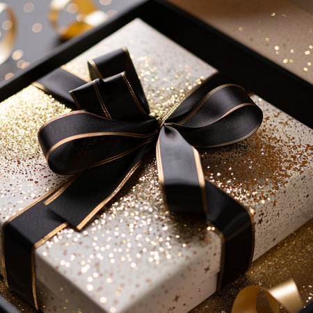 A beautifully presented gift box covered in gold glitter and a sophisticated black satin ribbon bow, perfect for special occasions.の素材