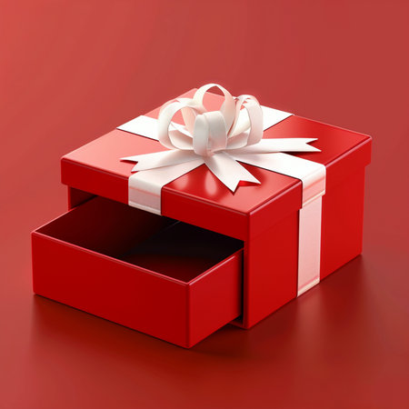 A vibrant red gift box with a white ribbon and bow, its drawer partially open to reveal the interior, set against a solid red backdrop.の素材