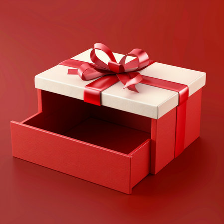 An open red gift box with a cream lid, tied with a red ribbon, and featuring a pull-out drawer on a solid red backdrop.の素材
