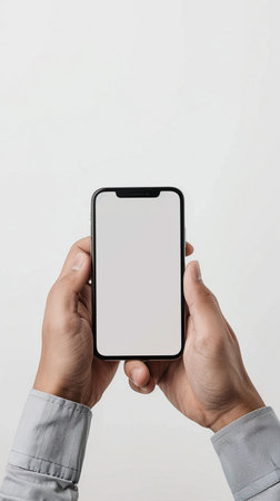 Close-up shot of a man holding a contemporary smartphone with a blank white display, ready for content.の素材