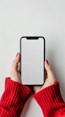 A person wearing a vibrant red sweater holds a contemporary smartphone with a blank screen in front of a neutral background. Top down perspective.の素材