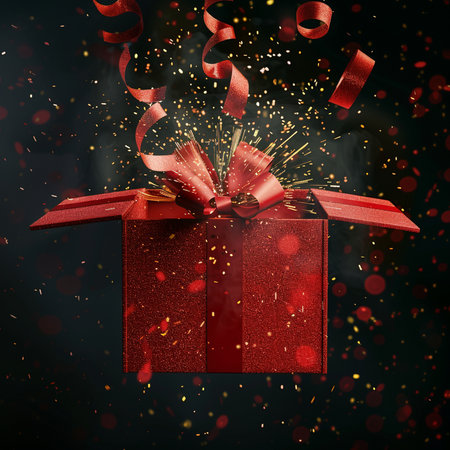 A vibrant red gift box bursts open, showering the scene with sparkling confetti and swirling red ribbons against a dark background.の素材