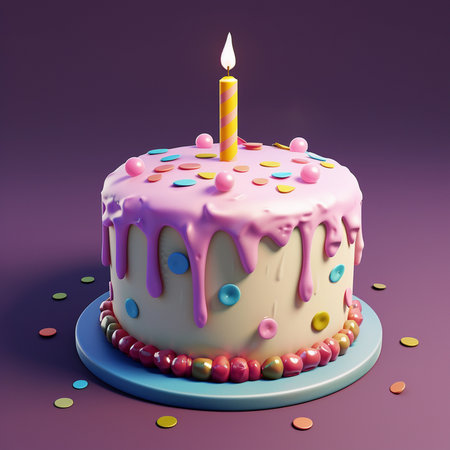 A delightful birthday cake adorned with pink frosting, a single lit candle, and vibrant sprinkles. Perfect for celebrations.の素材