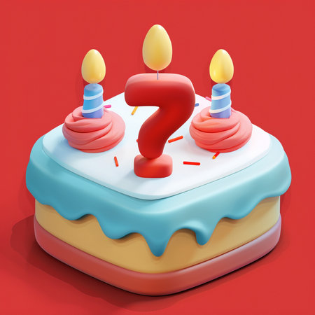 A 3D rendered square birthday cake with blue frosting, colorful sprinkles, and a prominent red question mark topper. Three festive candles complete the design.の素材