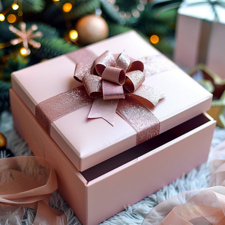 A beautiful open pink gift box with a shimmering rose gold ribbon and bow, set against a blurred background of Christmas tree lights.の素材