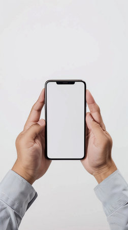 A close-up shot showing two hands holding a contemporary smartphone with a clear, white display, set against a neutral background.の素材