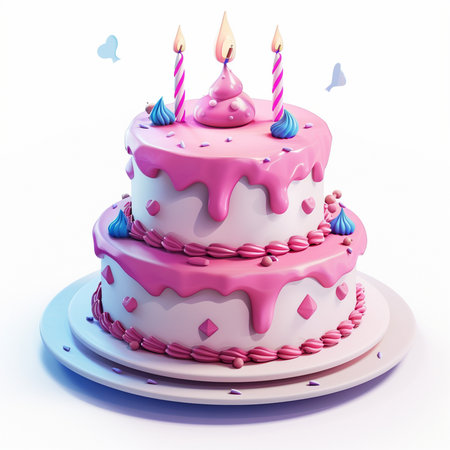 A delightful two-tiered birthday cake adorned with pink icing, decorative swirls, and lit candles, perfect for any celebration.の素材