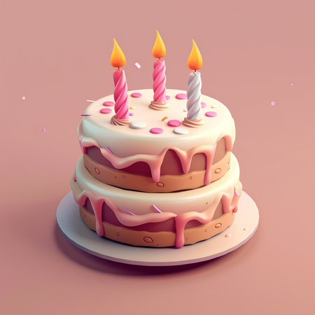 Birthday cake with burning candles on pink background. 3d illustrationの素材