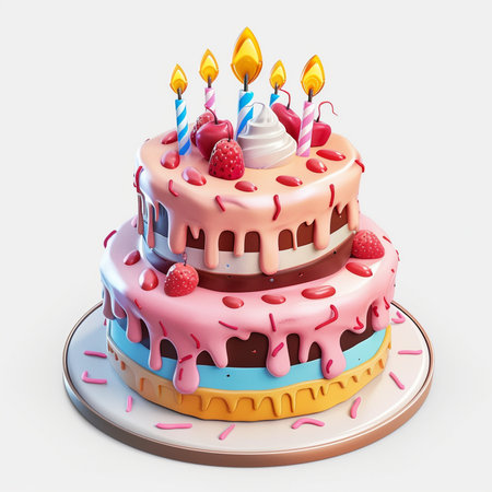 Birthday cake with burning candles on a white background. 3d renderingの素材