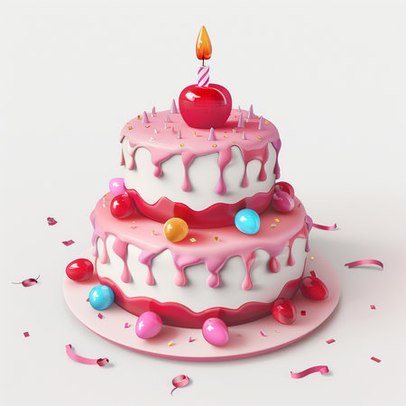 Birthday cake with pink icing and lit candle, 3d renderの素材