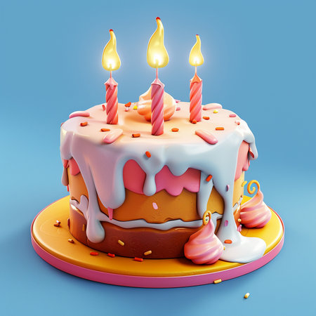 Birthday cake with burning candles on blue background. 3d illustrationの素材