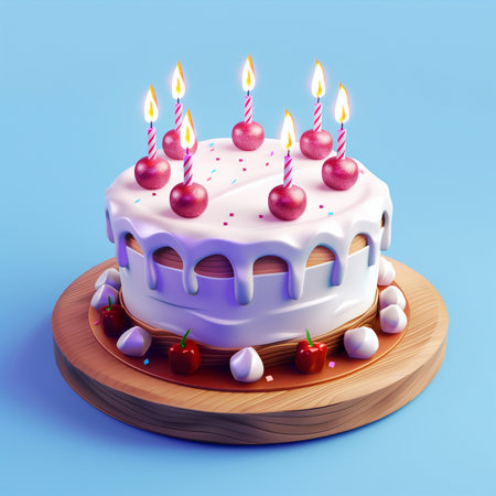Birthday cake with burning candles on blue background. 3d illustrationの素材