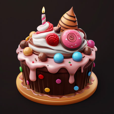 Birthday cupcake with candle on black background. 3d illustrationの素材