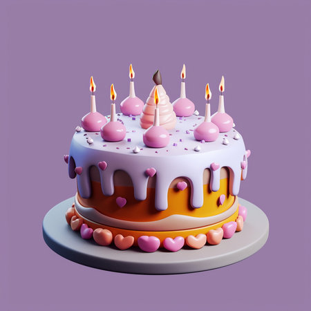 Birthday cake with candles isolated on purple background. 3d illustrationの素材